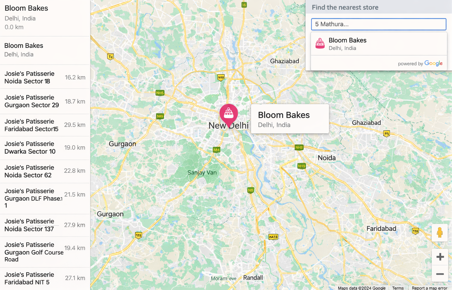 Bloom Bakes bakery location map in Delhi NCR